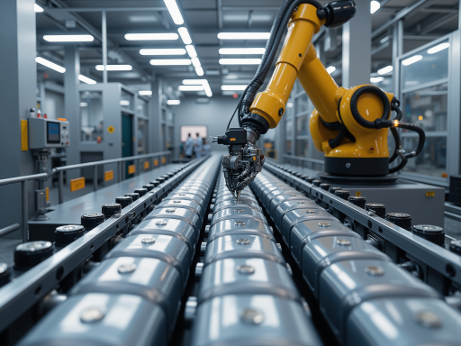 现代化自动化生产线,机器人手臂正在作业,车间整洁明亮